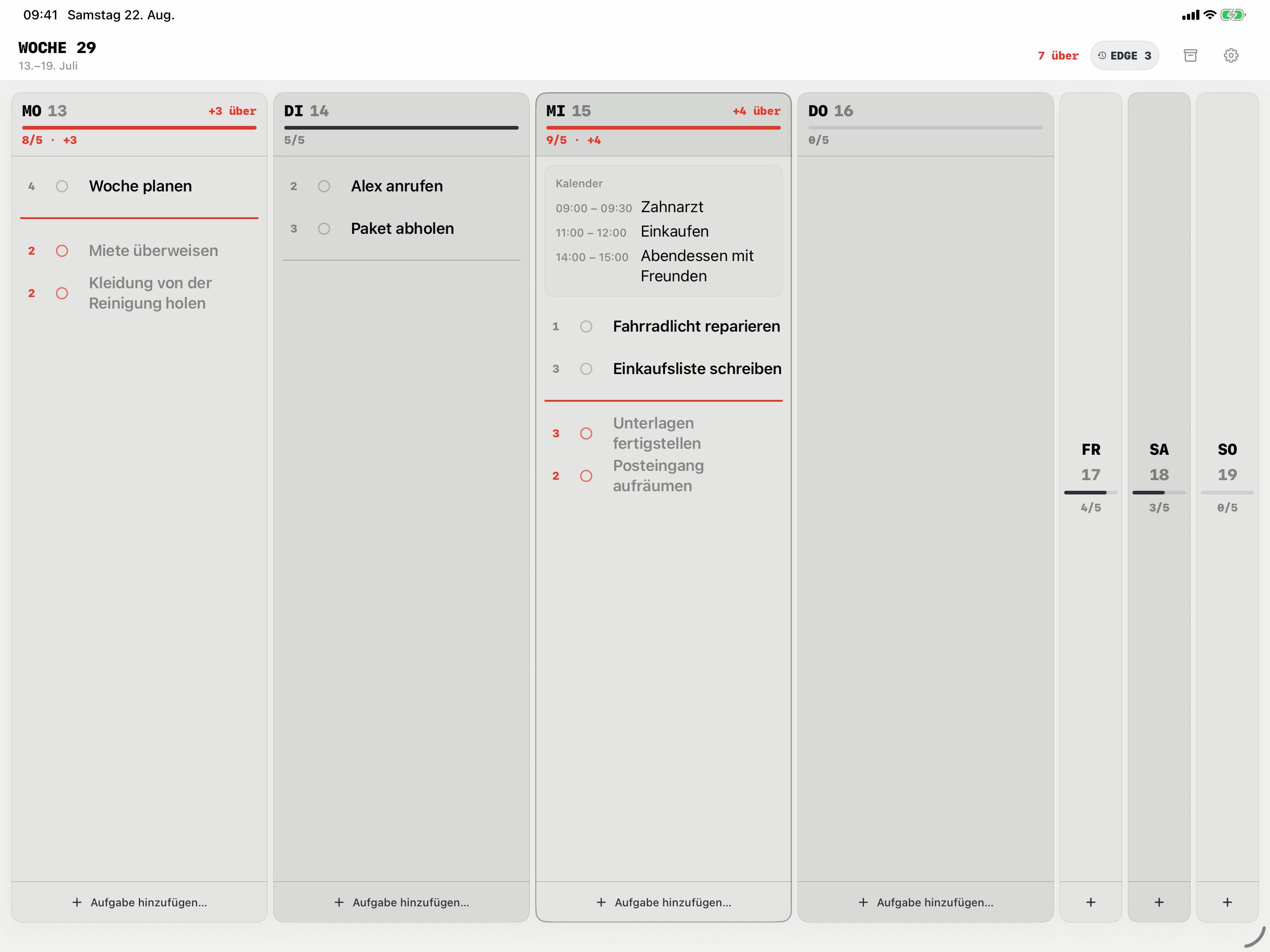 Weekline auf dem iPad: Termine aus deinem Kalender stehen zur Orientierung im Tag. Weekline ändert keine Termine.
