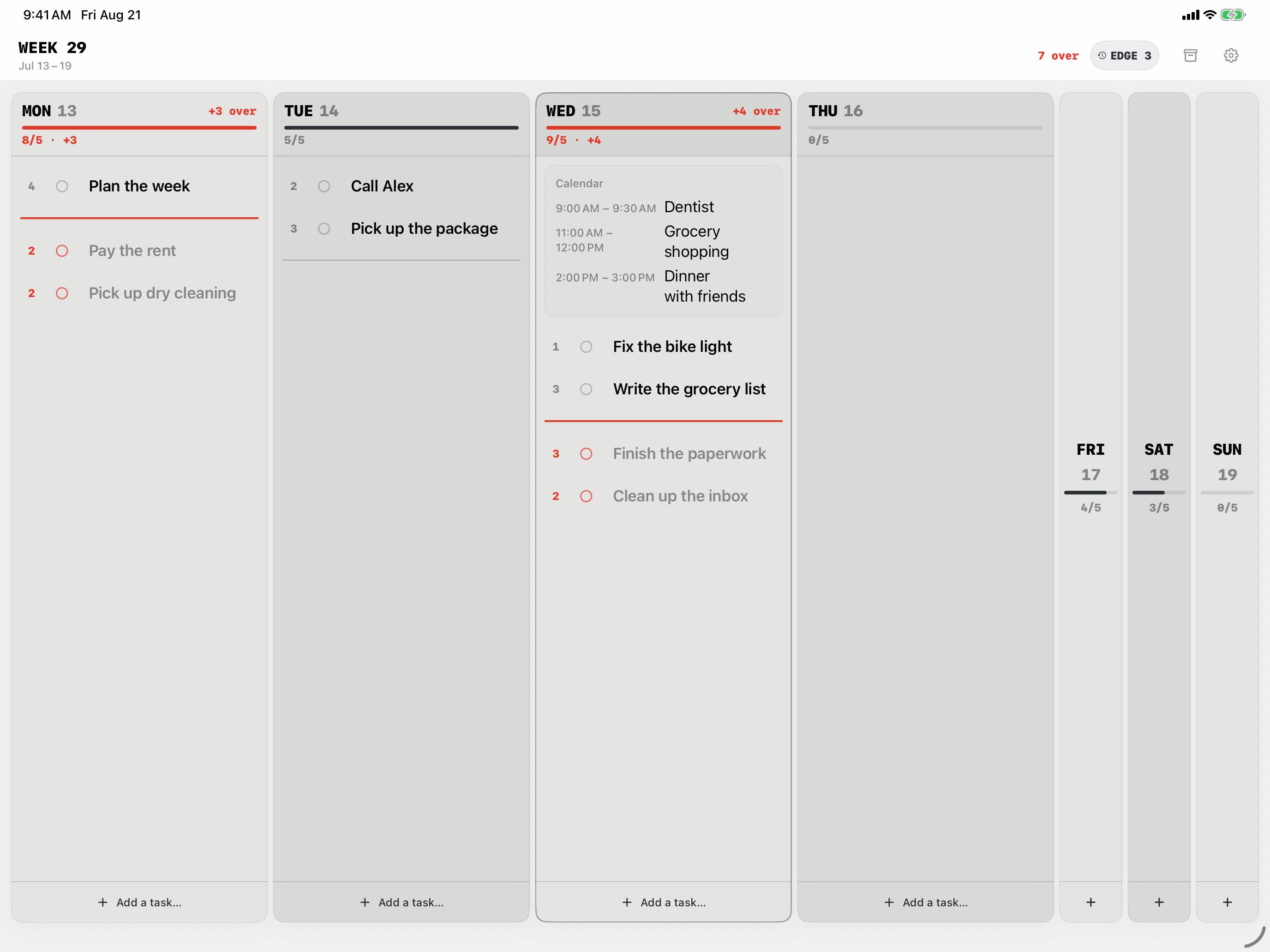 Weekline on iPad: Events from your calendar appear inside the day for reference. Weekline never edits them.