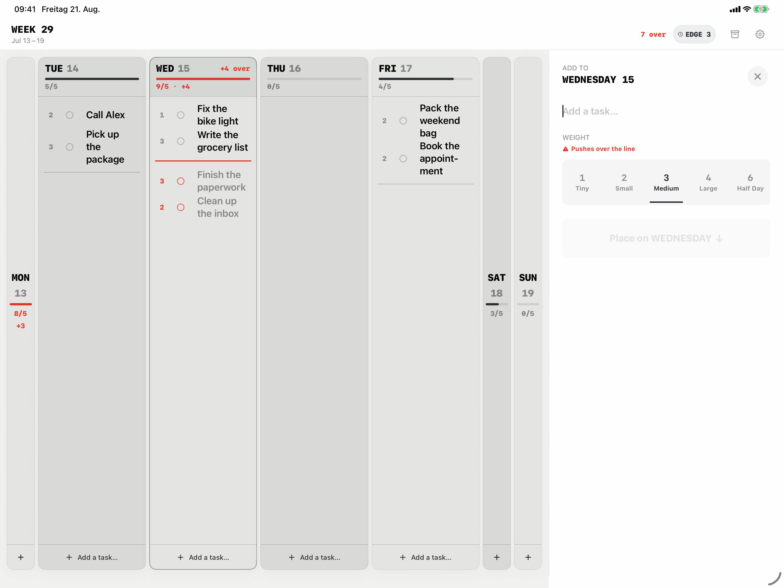 Weekline on iPad: You pick a size when you add a task, and see before saving whether it pushes the day over the line.