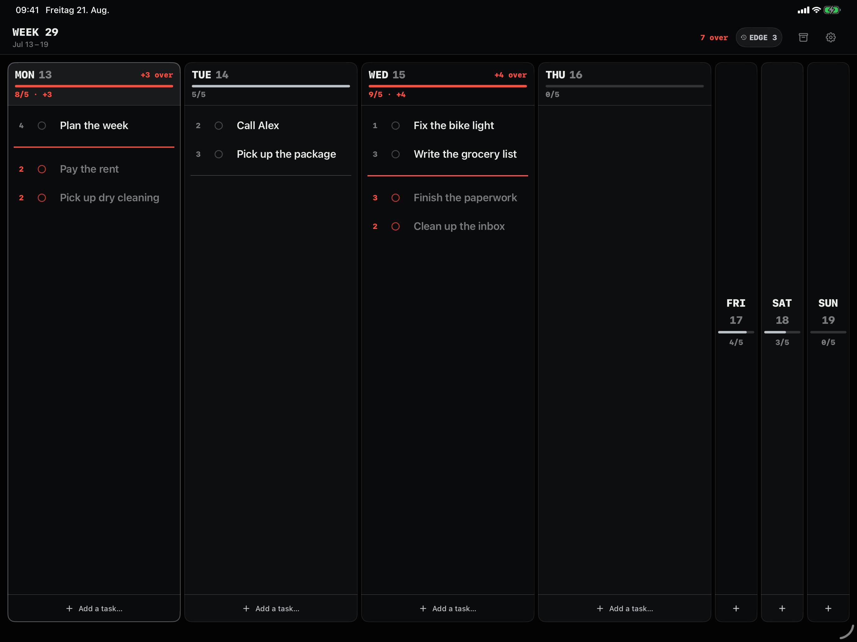 Weekline on iPad: Monday and Wednesday are overbooked. What no longer fits sits below the red line.