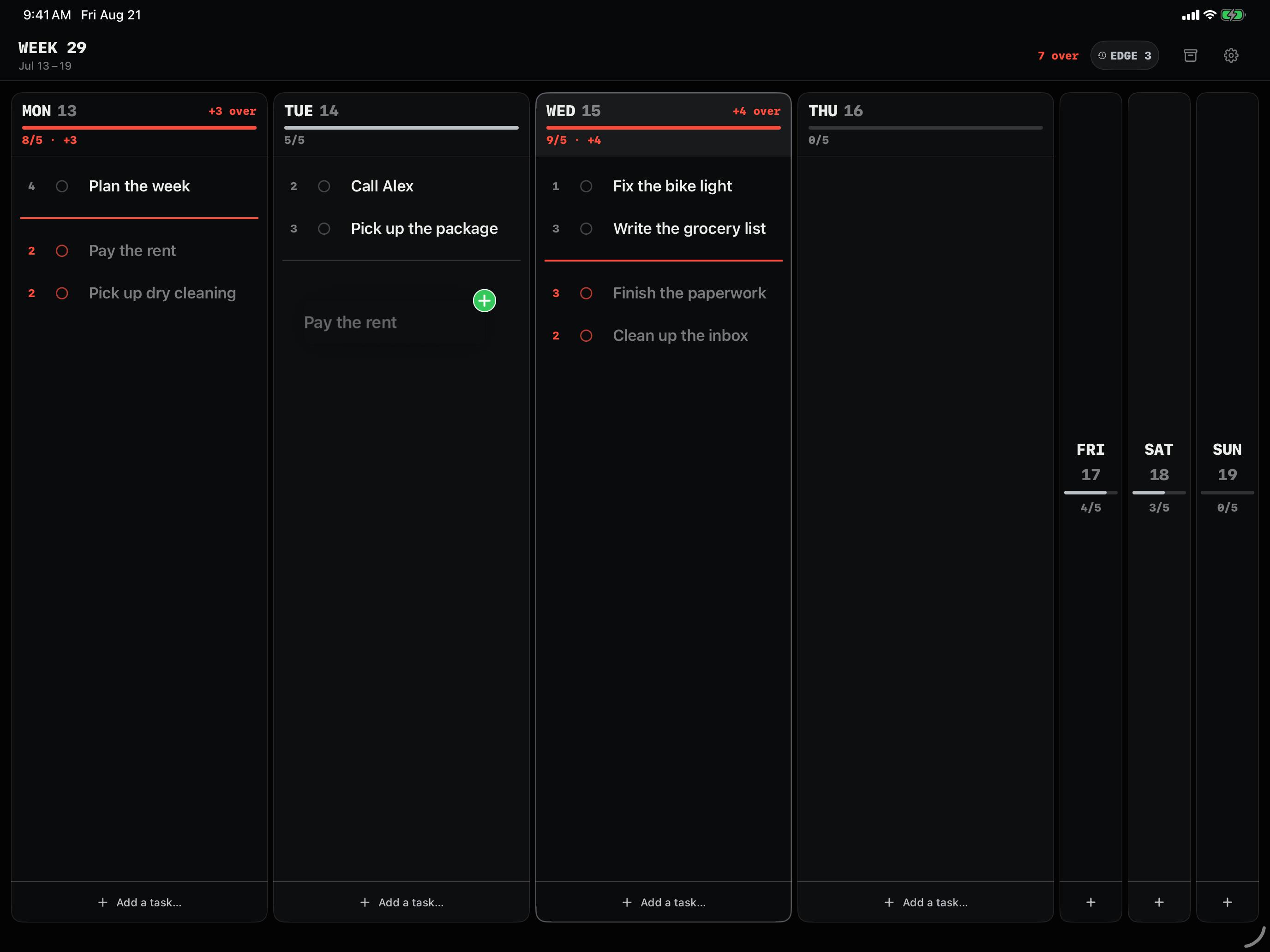 Weekline on iPad: A task gets dragged to Tuesday, and Monday has room again.
