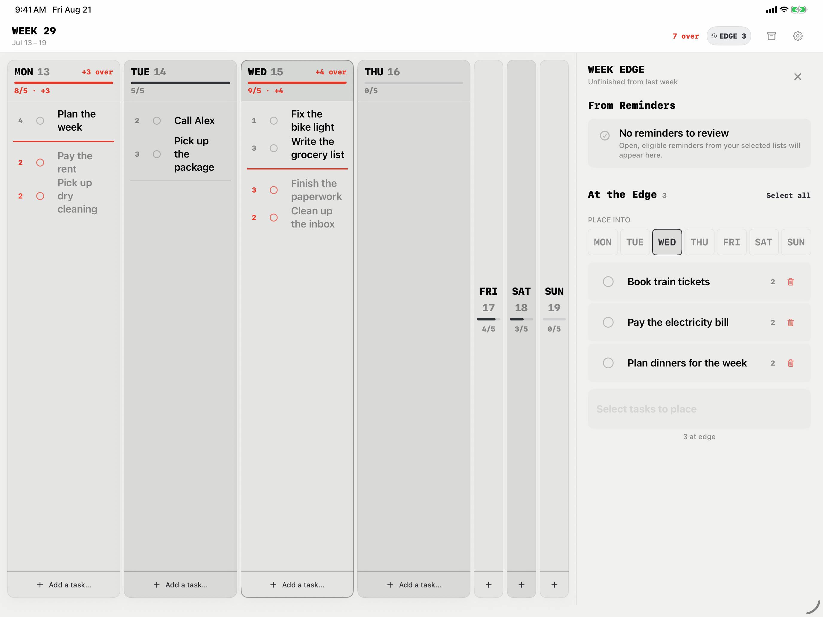 Weekline on iPad: Open tasks and selected Apple Reminders wait at the Week Edge until you give them a day.